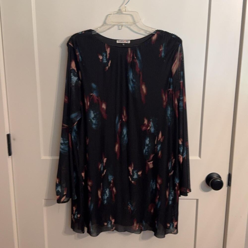 Fairhope Tunic Blouse Womens XL Black Floral Pleated Chiffon Lined Boho Top